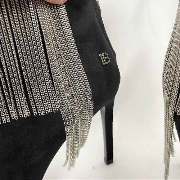 Balmain Mercy Suede Chain Fringe Pointed Toe Stiletto Heeled Ankle Boots Black - Picture 4 of 14